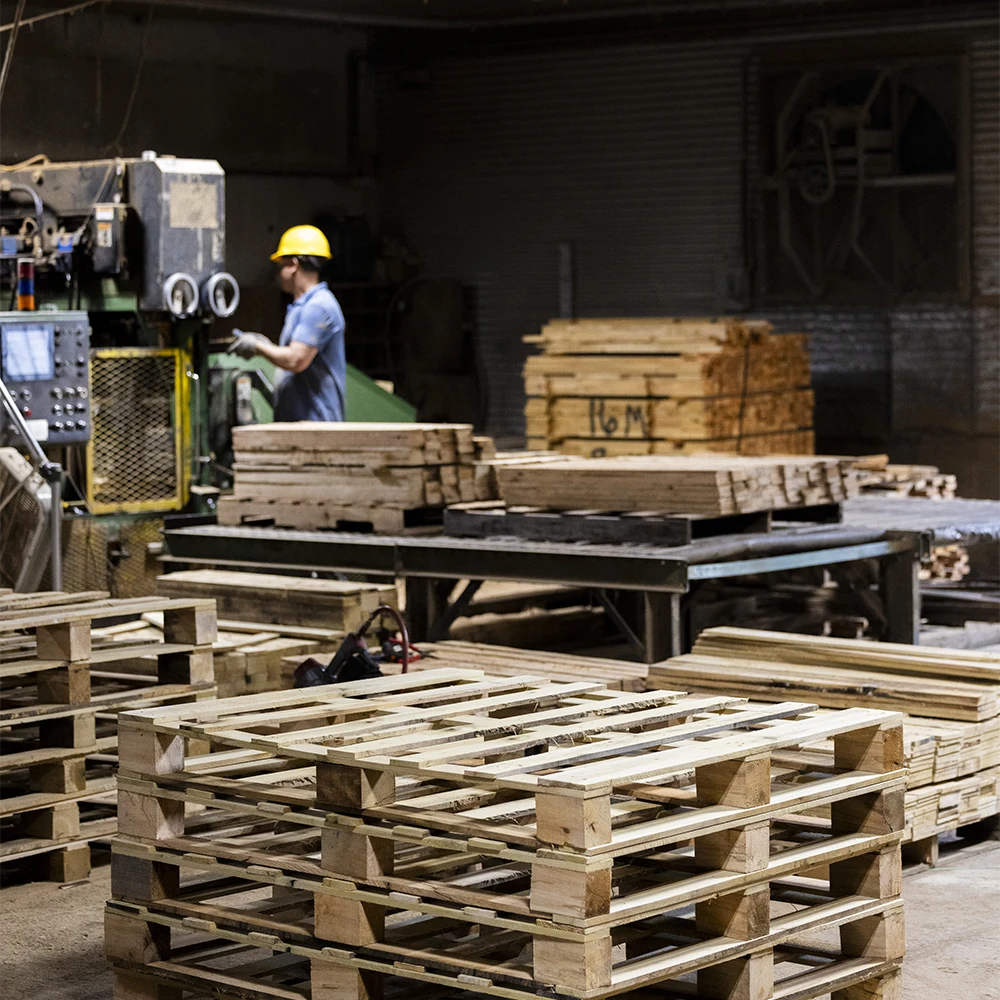 zoomed-out view of the Kuhl Lumber workshop, with completed pallets in stacks